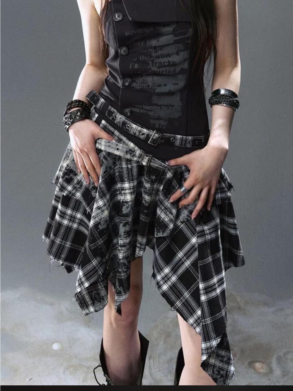 Asymmetric Black Plaid Dress - Women's Alternative Style Size L